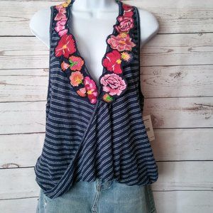 NWT Free People Frida Faux Wrap Navy Striped Embroidered Racer Back Tank Top XS